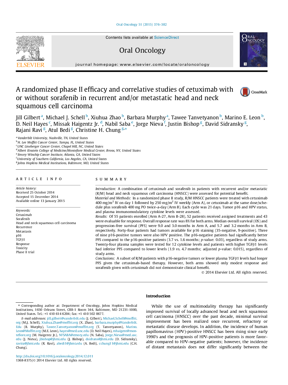 A randomized phase II efficacy and correlative studies of cetuximab with or without sorafenib in recurrent and/or metastatic head and neck squamous cell carcinoma