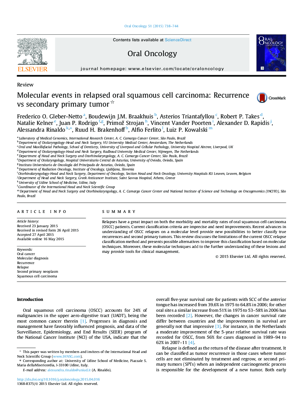 Molecular events in relapsed oral squamous cell carcinoma: Recurrence vs secondary primary tumor 