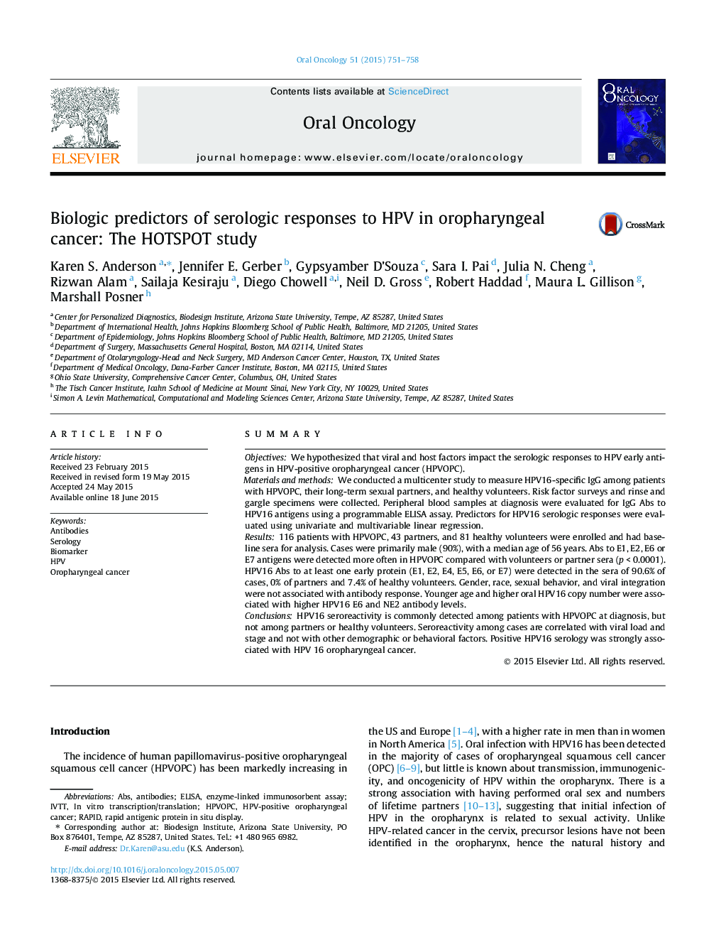 Biologic predictors of serologic responses to HPV in oropharyngeal cancer: The HOTSPOT study