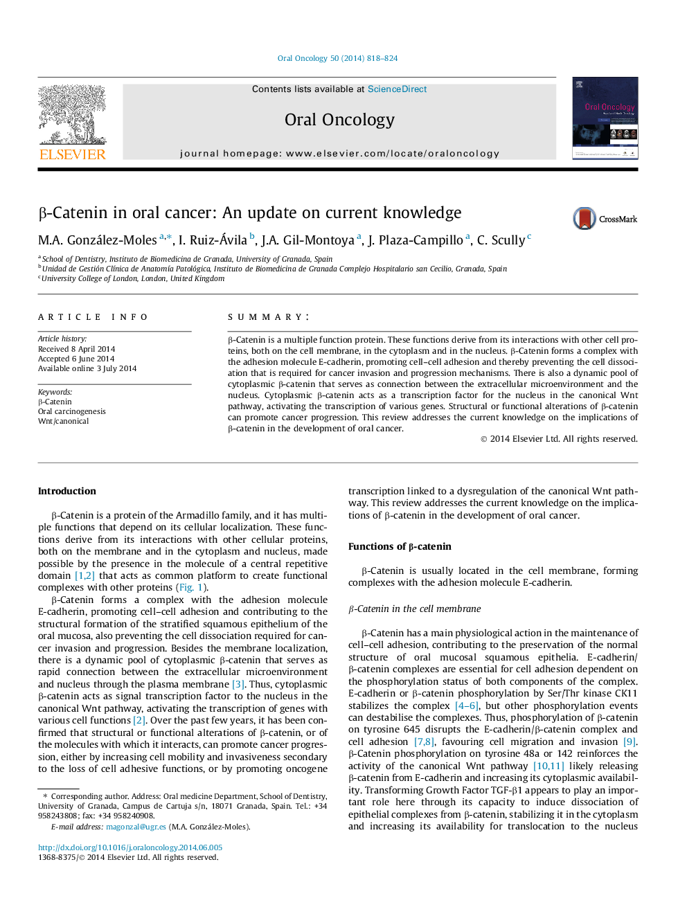 β-Catenin in oral cancer: An update on current knowledge