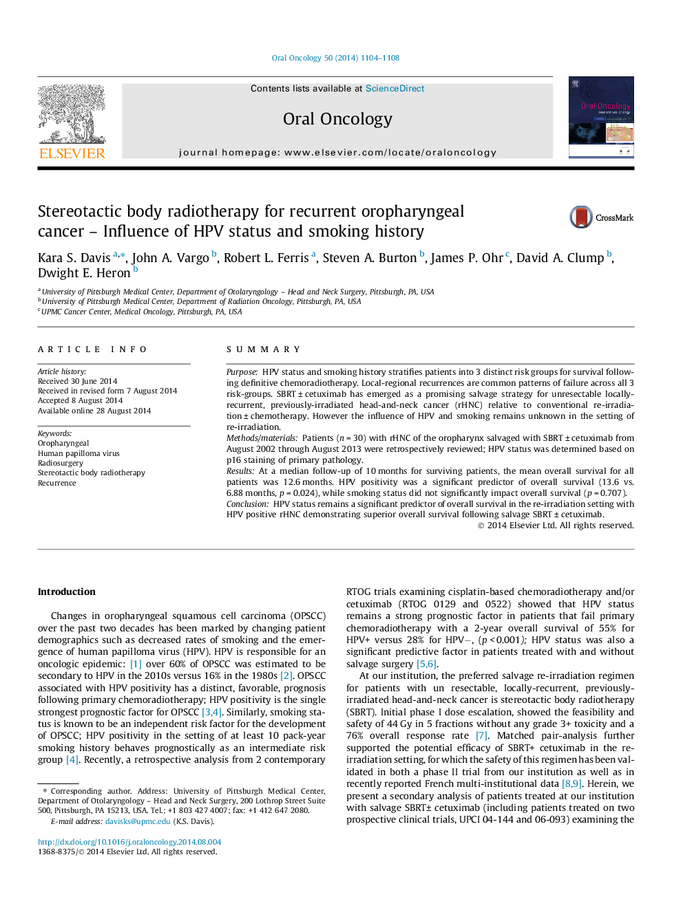 Stereotactic body radiotherapy for recurrent oropharyngeal cancer – Influence of HPV status and smoking history