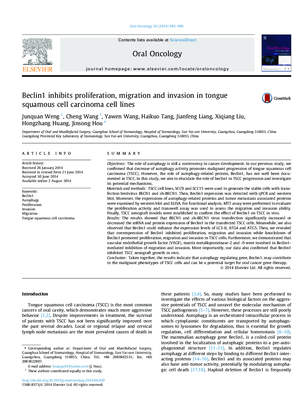 Beclin1 inhibits proliferation, migration and invasion in tongue squamous cell carcinoma cell lines