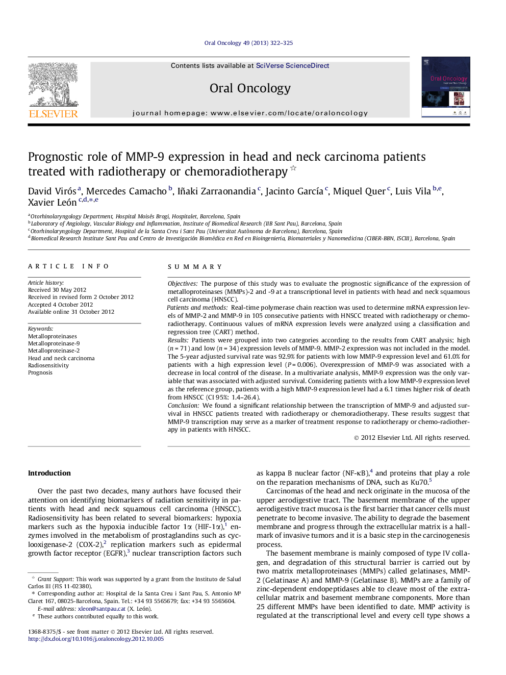 Prognostic role of MMP-9 expression in head and neck carcinoma patients treated with radiotherapy or chemoradiotherapy