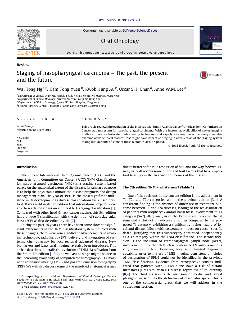 Staging of nasopharyngeal carcinoma – The past, the present and the future