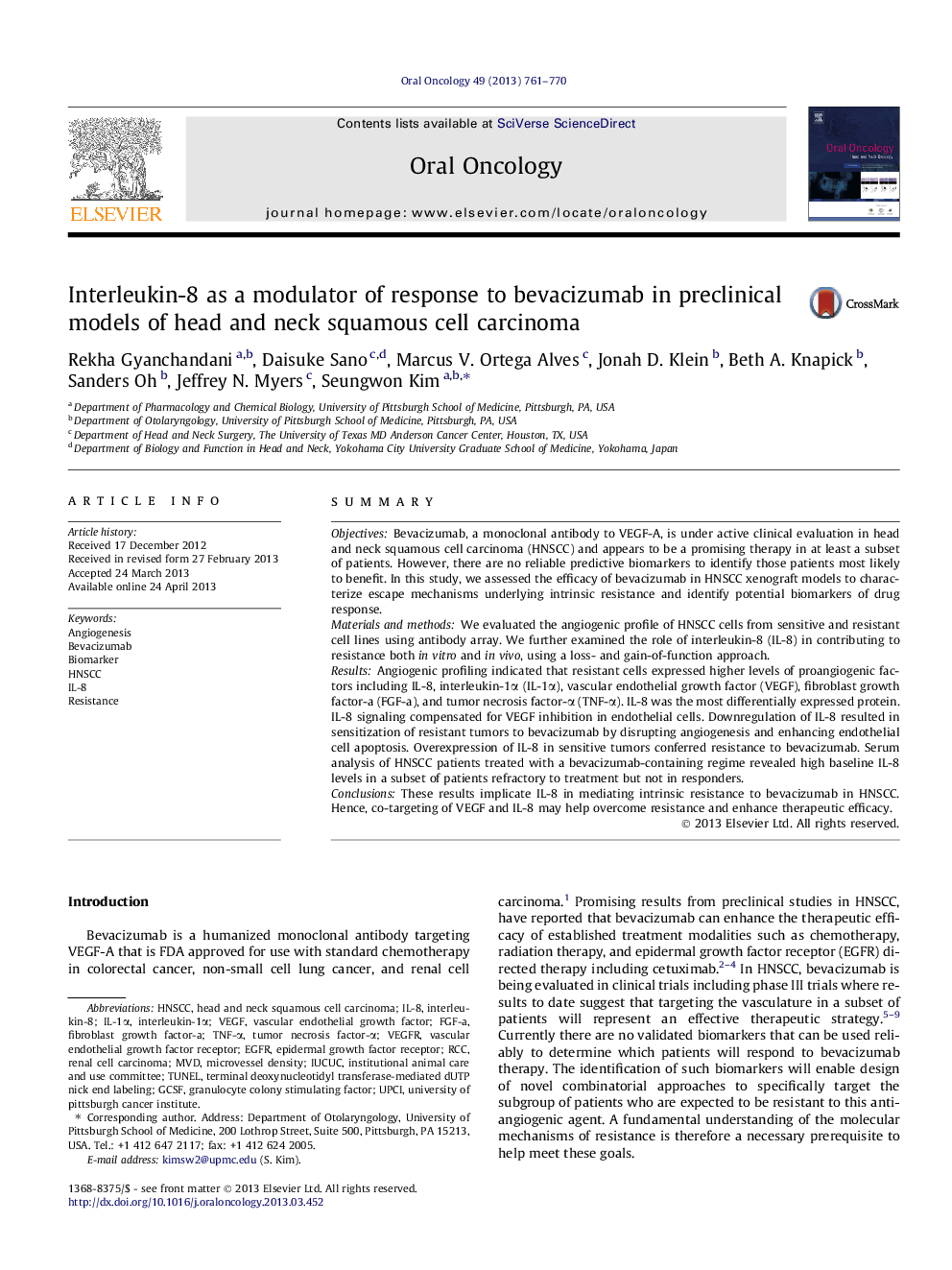 Interleukin-8 as a modulator of response to bevacizumab in preclinical models of head and neck squamous cell carcinoma