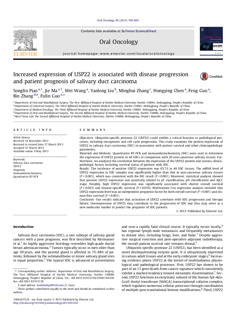 Increased expression of USP22 is associated with disease progression and patient prognosis of salivary duct carcinoma