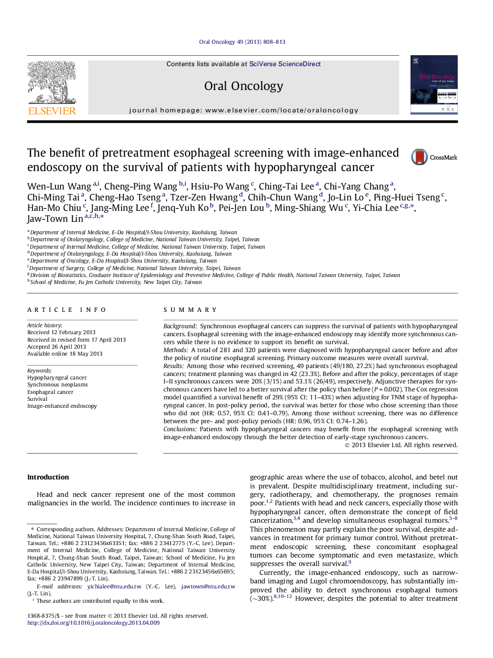 The benefit of pretreatment esophageal screening with image-enhanced endoscopy on the survival of patients with hypopharyngeal cancer