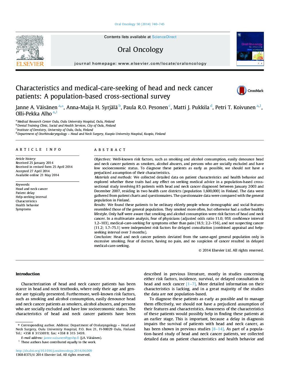مشخصات و مراقبت های پزشکی مراقبت از بیماران مبتلا به سرطان سر و گردن: یک بررسی مقطعی بر اساس جمعیت 