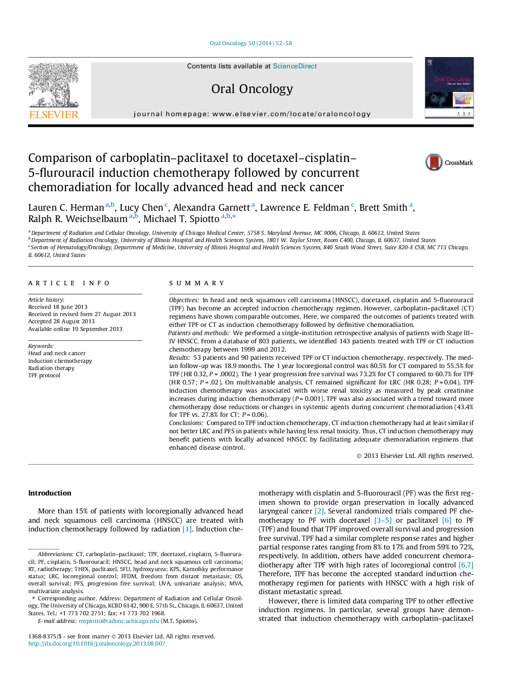 Comparison of carboplatin–paclitaxel to docetaxel–cisplatin-5–flurouracil induction chemotherapy followed by concurrent chemoradiation for locally advanced head and neck cancer