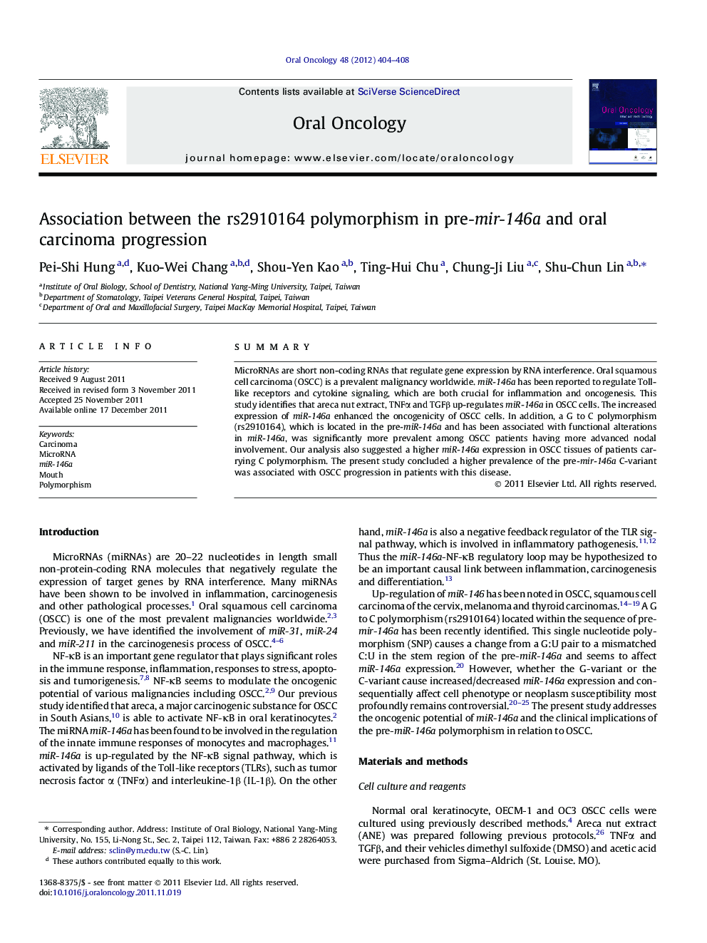 Association between the rs2910164 polymorphism in pre-mir-146a and oral carcinoma progression