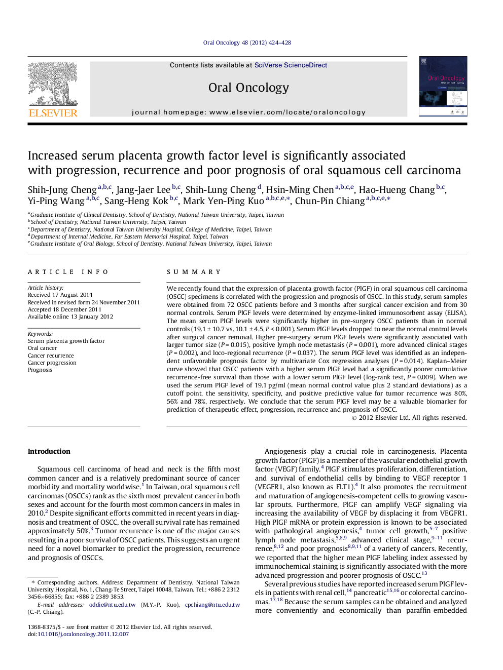 Increased serum placenta growth factor level is significantly associated with progression, recurrence and poor prognosis of oral squamous cell carcinoma