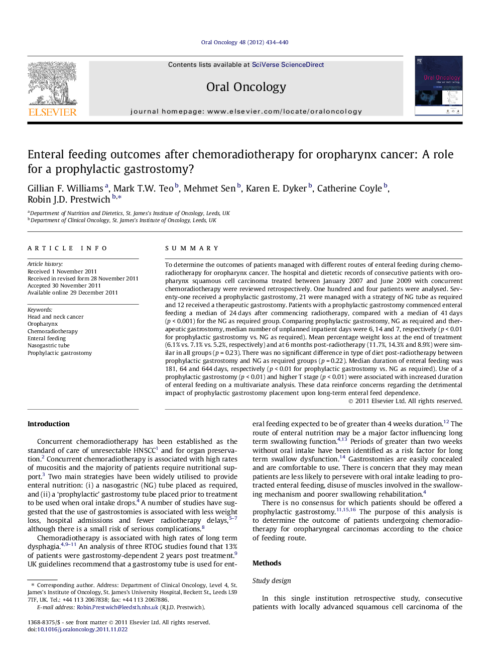 Enteral feeding outcomes after chemoradiotherapy for oropharynx cancer: A role for a prophylactic gastrostomy?