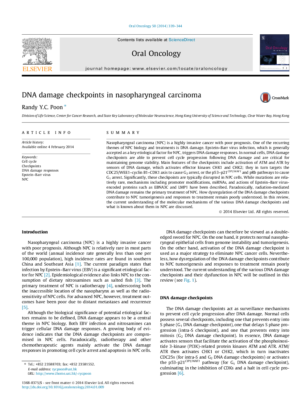 DNA damage checkpoints in nasopharyngeal carcinoma