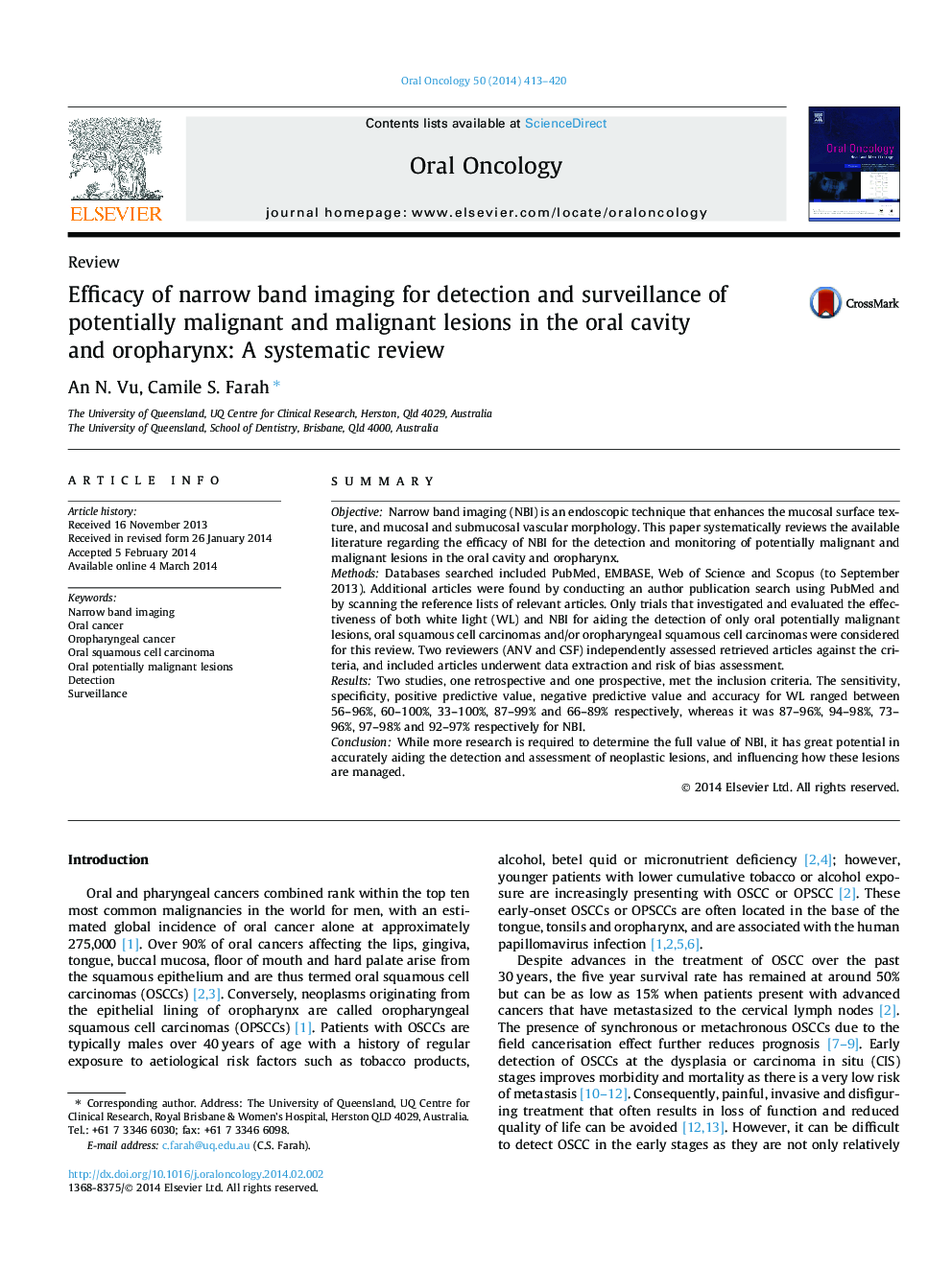Efficacy of narrow band imaging for detection and surveillance of potentially malignant and malignant lesions in the oral cavity and oropharynx: A systematic review