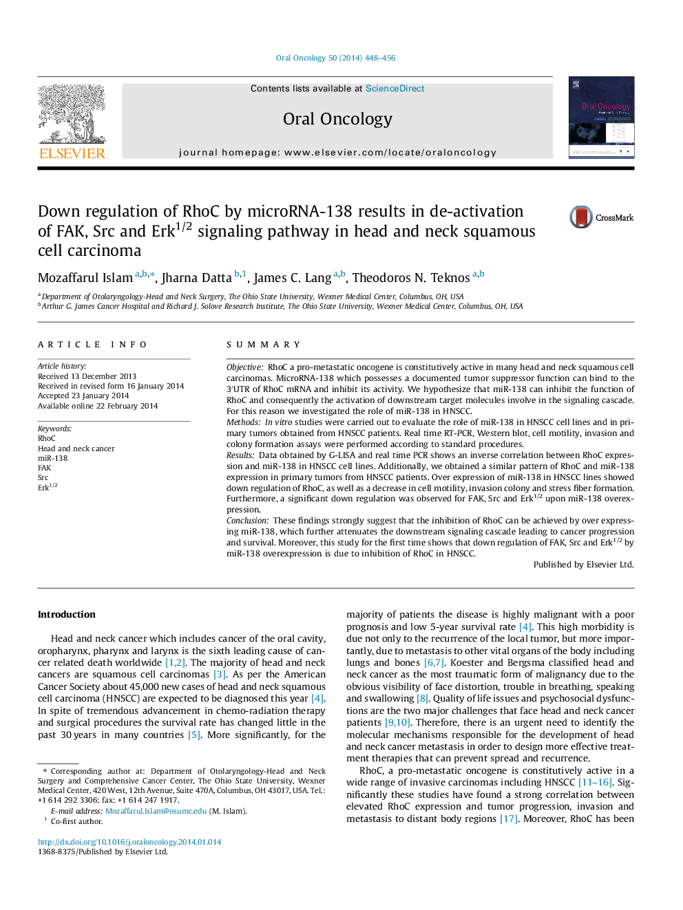 Down regulation of RhoC by microRNA-138 results in de-activation of FAK, Src and Erk1/2 signaling pathway in head and neck squamous cell carcinoma