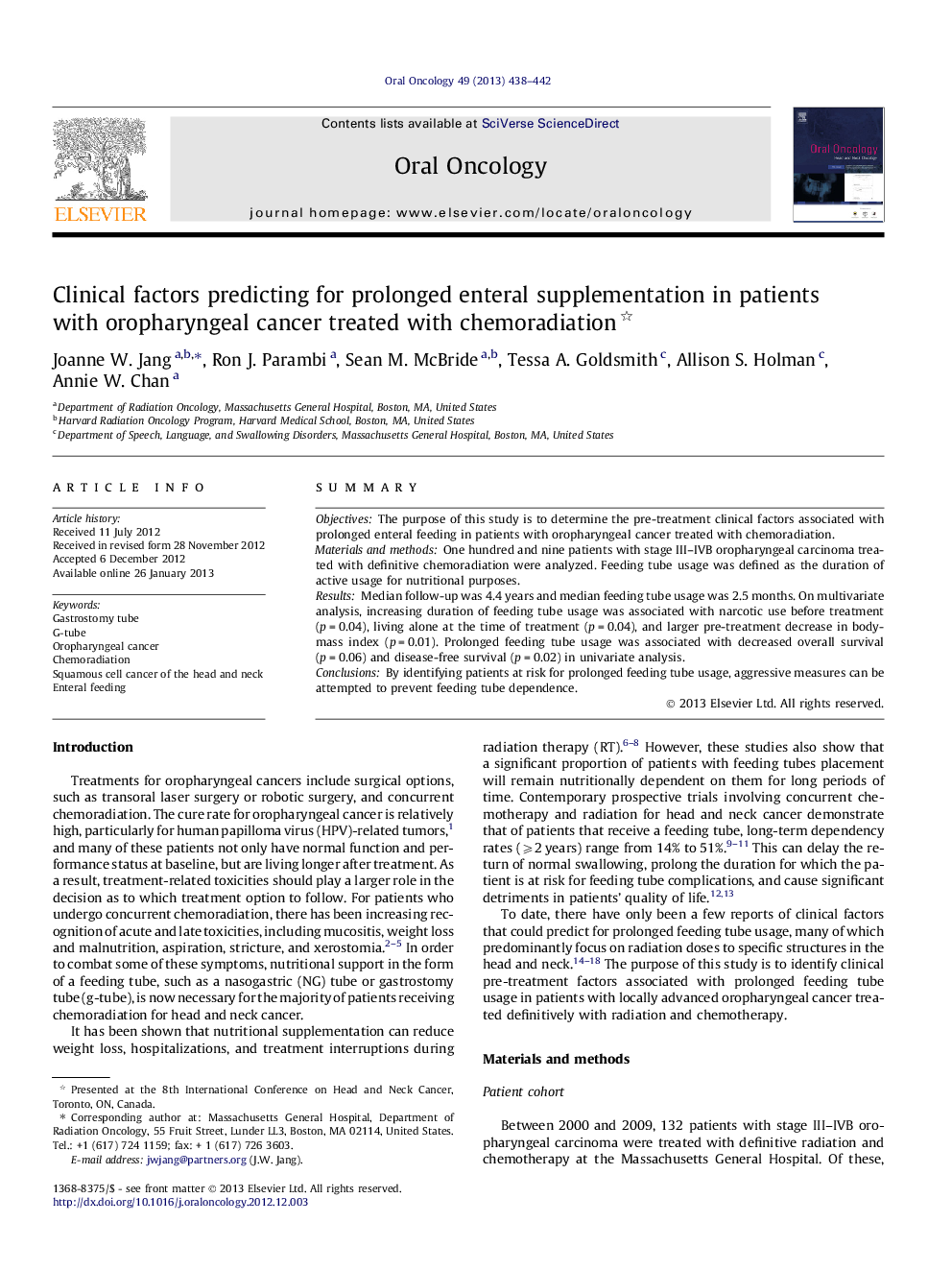 Clinical factors predicting for prolonged enteral supplementation in patients with oropharyngeal cancer treated with chemoradiation