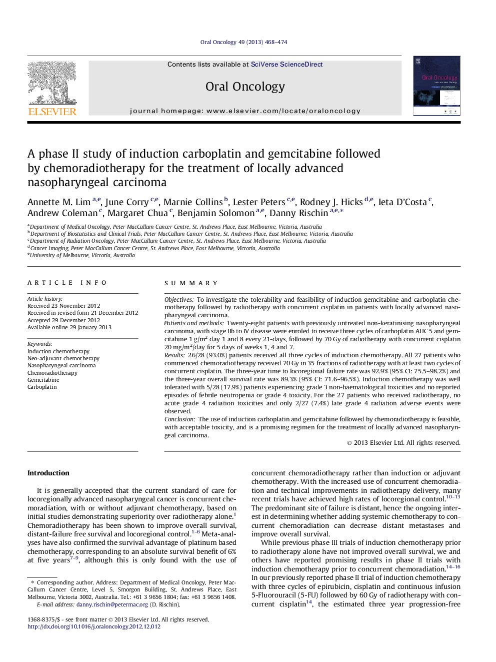 A phase II study of induction carboplatin and gemcitabine followed by chemoradiotherapy for the treatment of locally advanced nasopharyngeal carcinoma