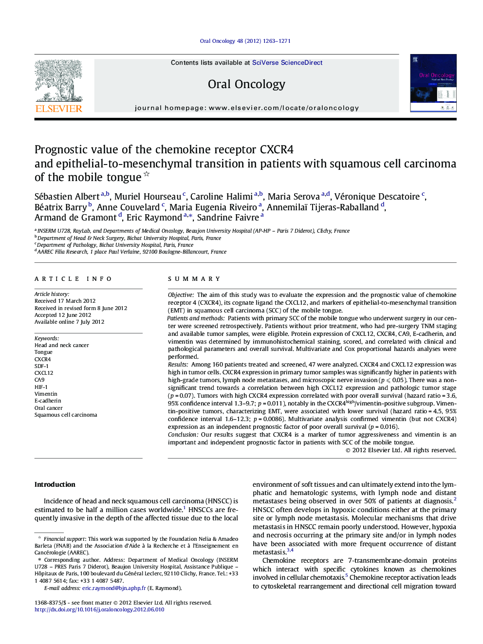 Prognostic value of the chemokine receptor CXCR4 and epithelial-to-mesenchymal transition in patients with squamous cell carcinoma of the mobile tongue 