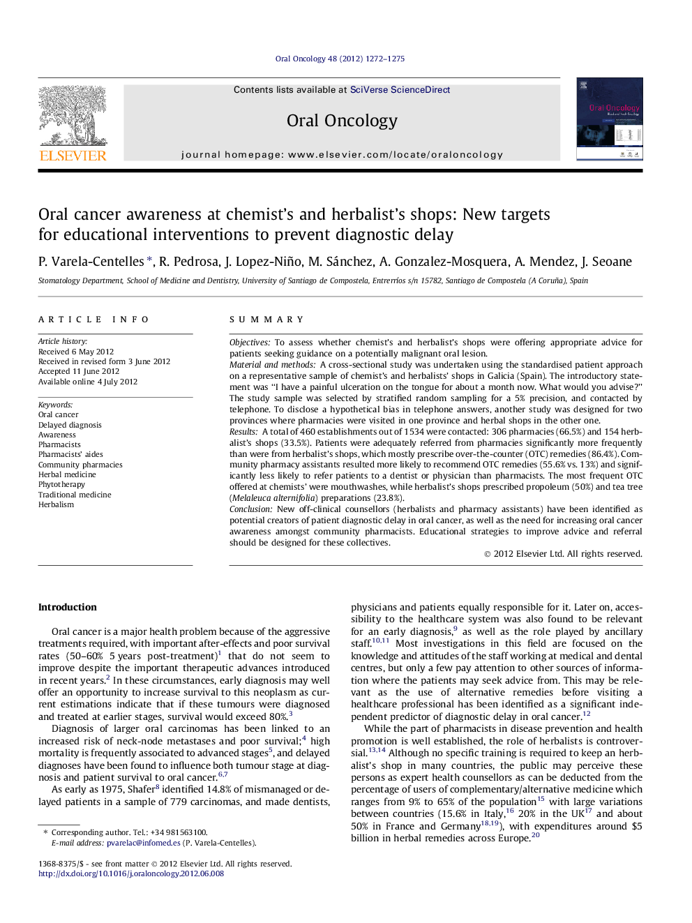 Oral cancer awareness at chemist’s and herbalist’s shops: New targets for educational interventions to prevent diagnostic delay