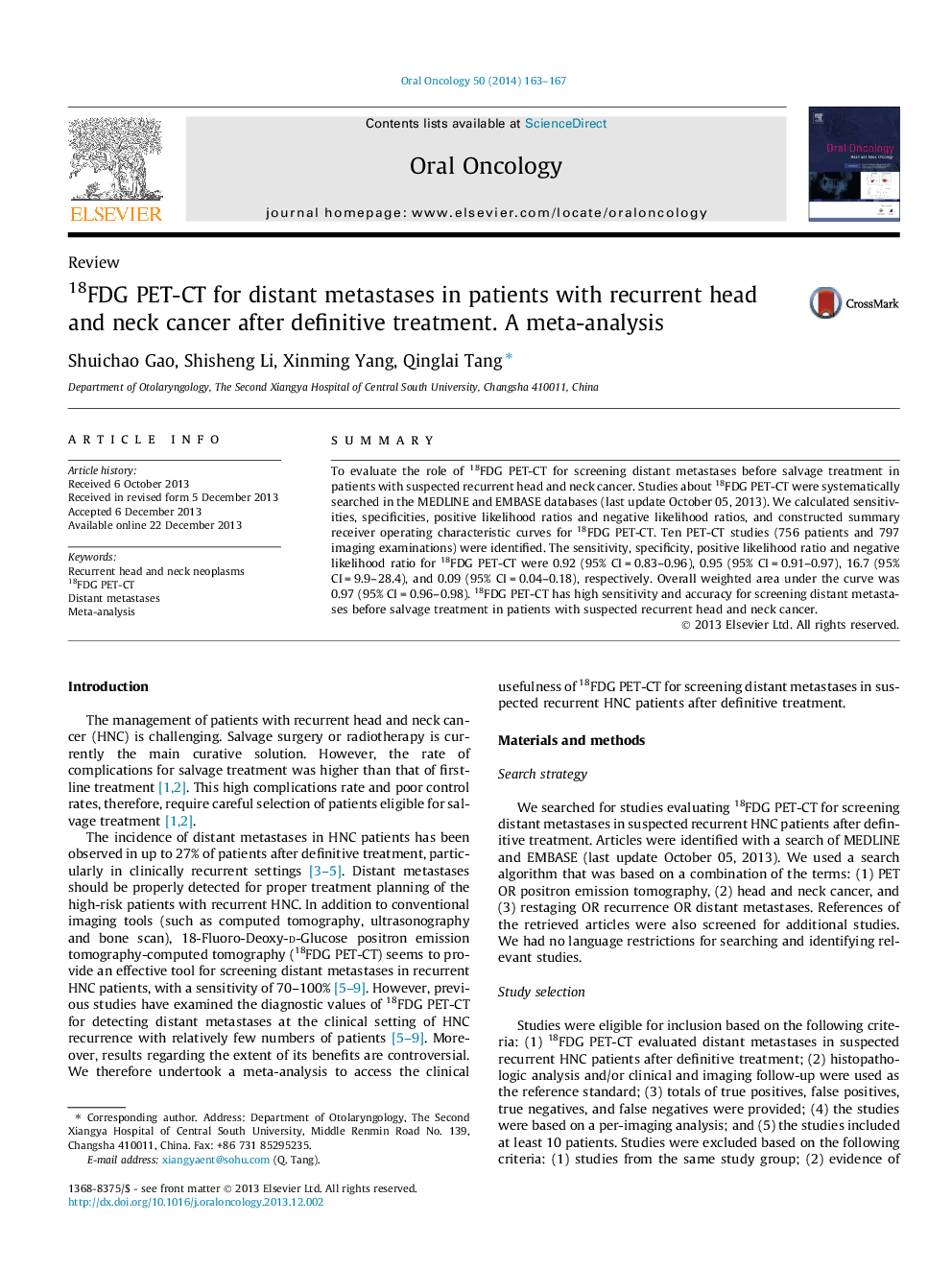 18FDG PET-CT for distant metastases in patients with recurrent head and neck cancer after definitive treatment. A meta-analysis