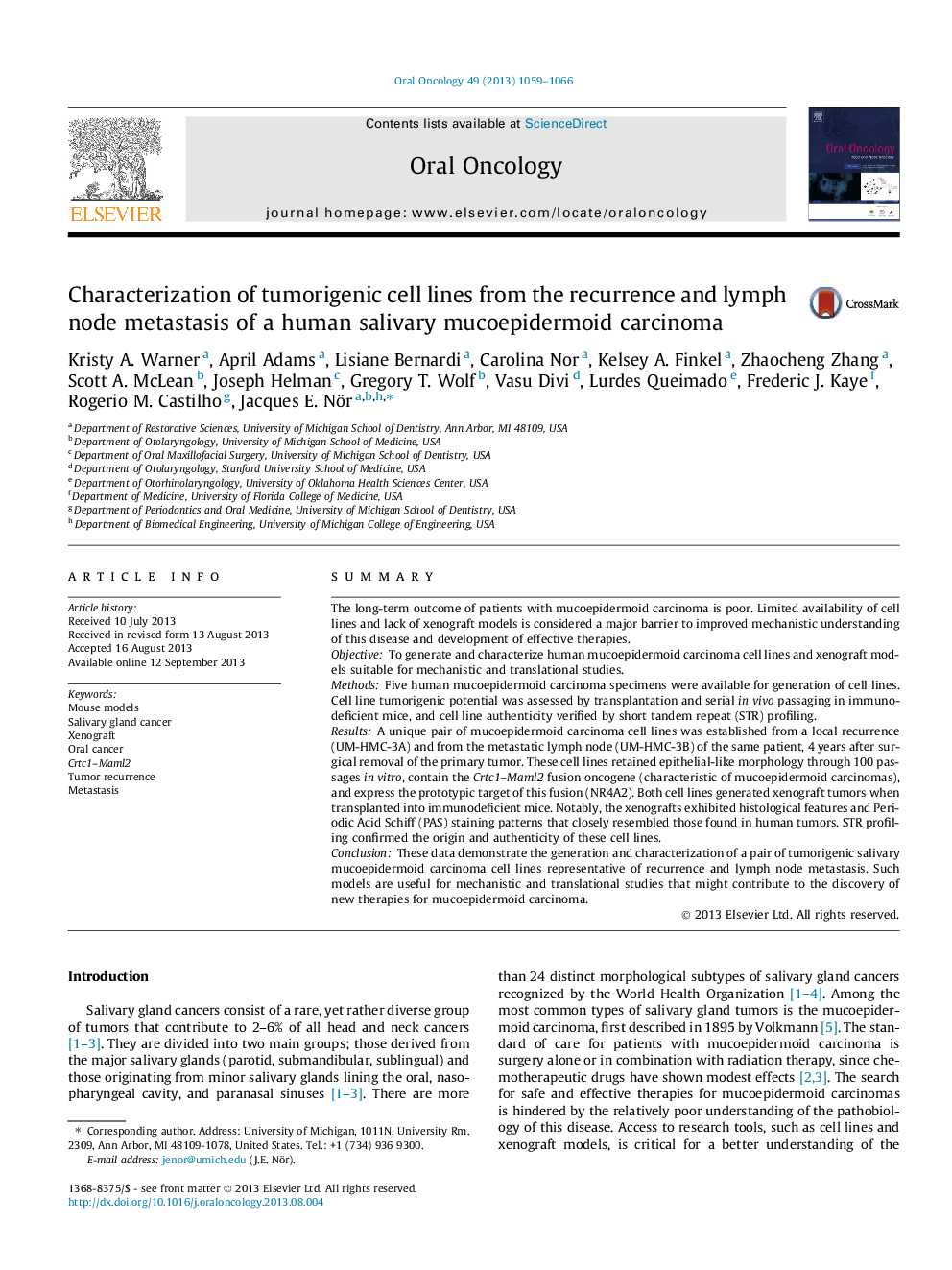 Characterization of tumorigenic cell lines from the recurrence and lymph node metastasis of a human salivary mucoepidermoid carcinoma