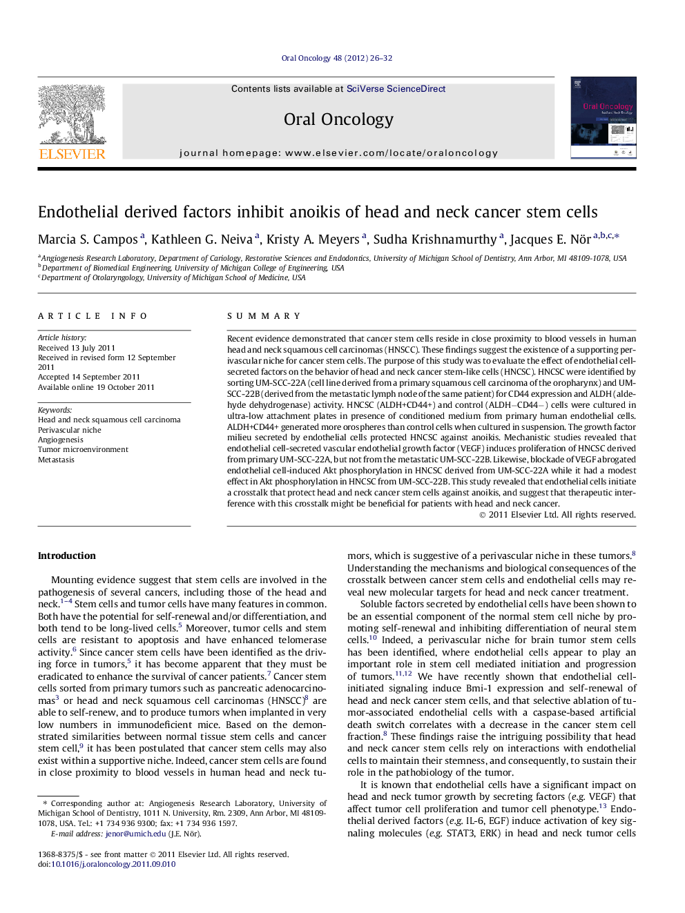 Endothelial derived factors inhibit anoikis of head and neck cancer stem cells