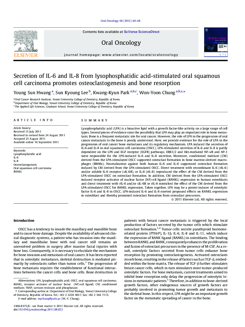 Secretion of IL-6 and IL-8 from lysophosphatidic acid-stimulated oral squamous cell carcinoma promotes osteoclastogenesis and bone resorption