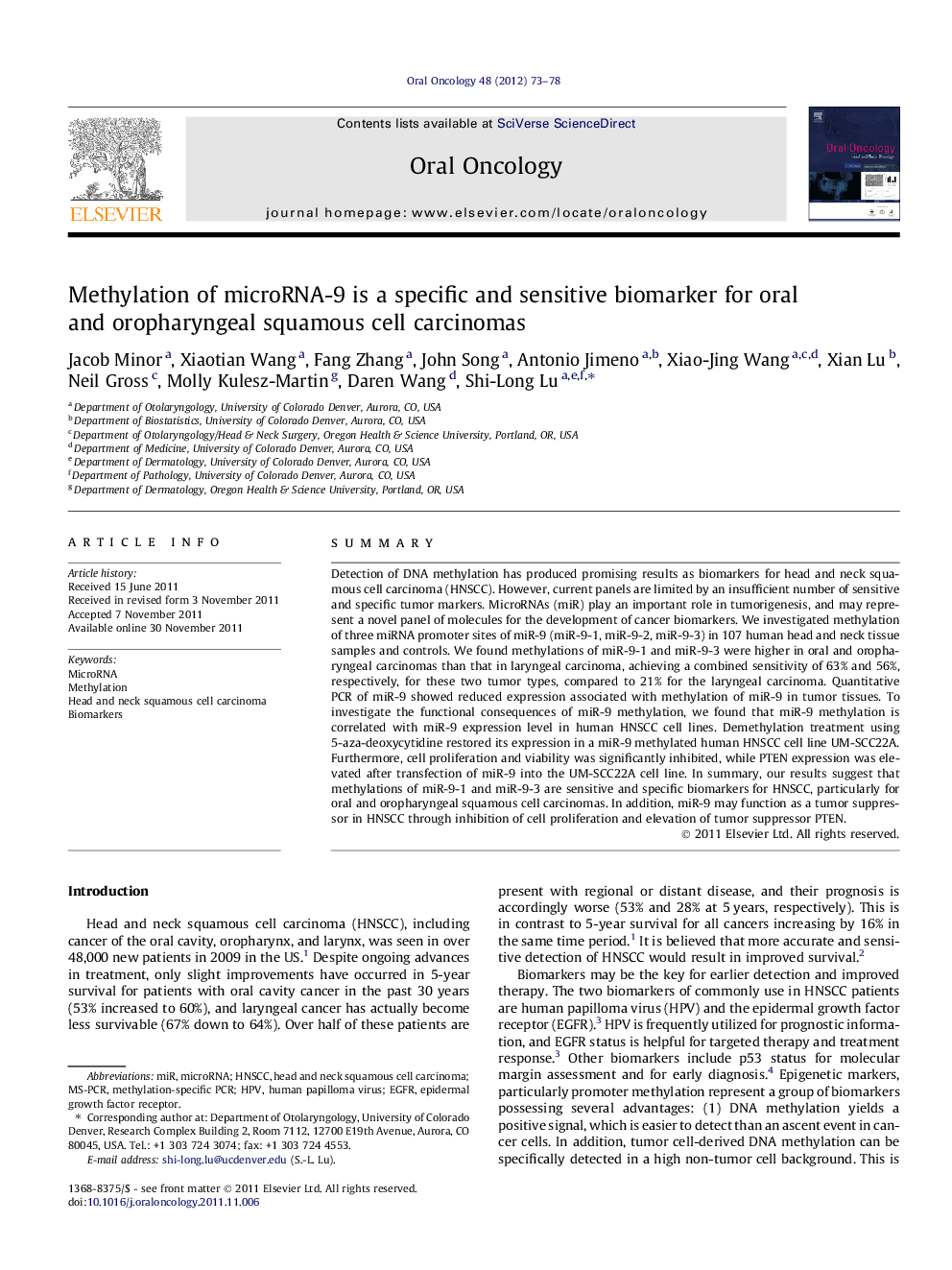 Methylation of microRNA-9 is a specific and sensitive biomarker for oral and oropharyngeal squamous cell carcinomas