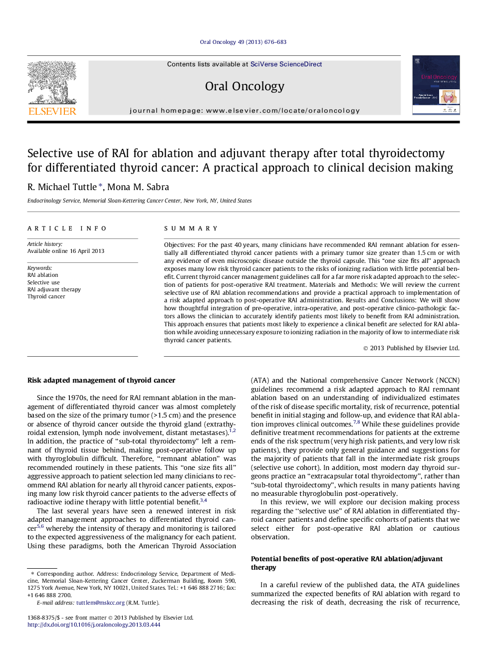Selective use of RAI for ablation and adjuvant therapy after total thyroidectomy for differentiated thyroid cancer: A practical approach to clinical decision making