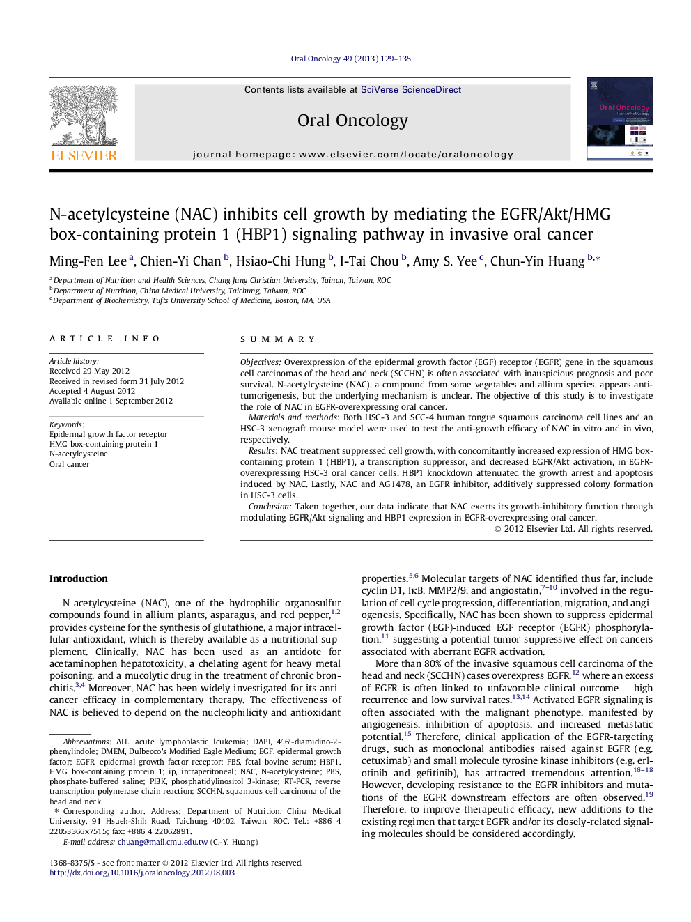 N-acetylcysteine (NAC) inhibits cell growth by mediating the EGFR/Akt/HMG box-containing protein 1 (HBP1) signaling pathway in invasive oral cancer