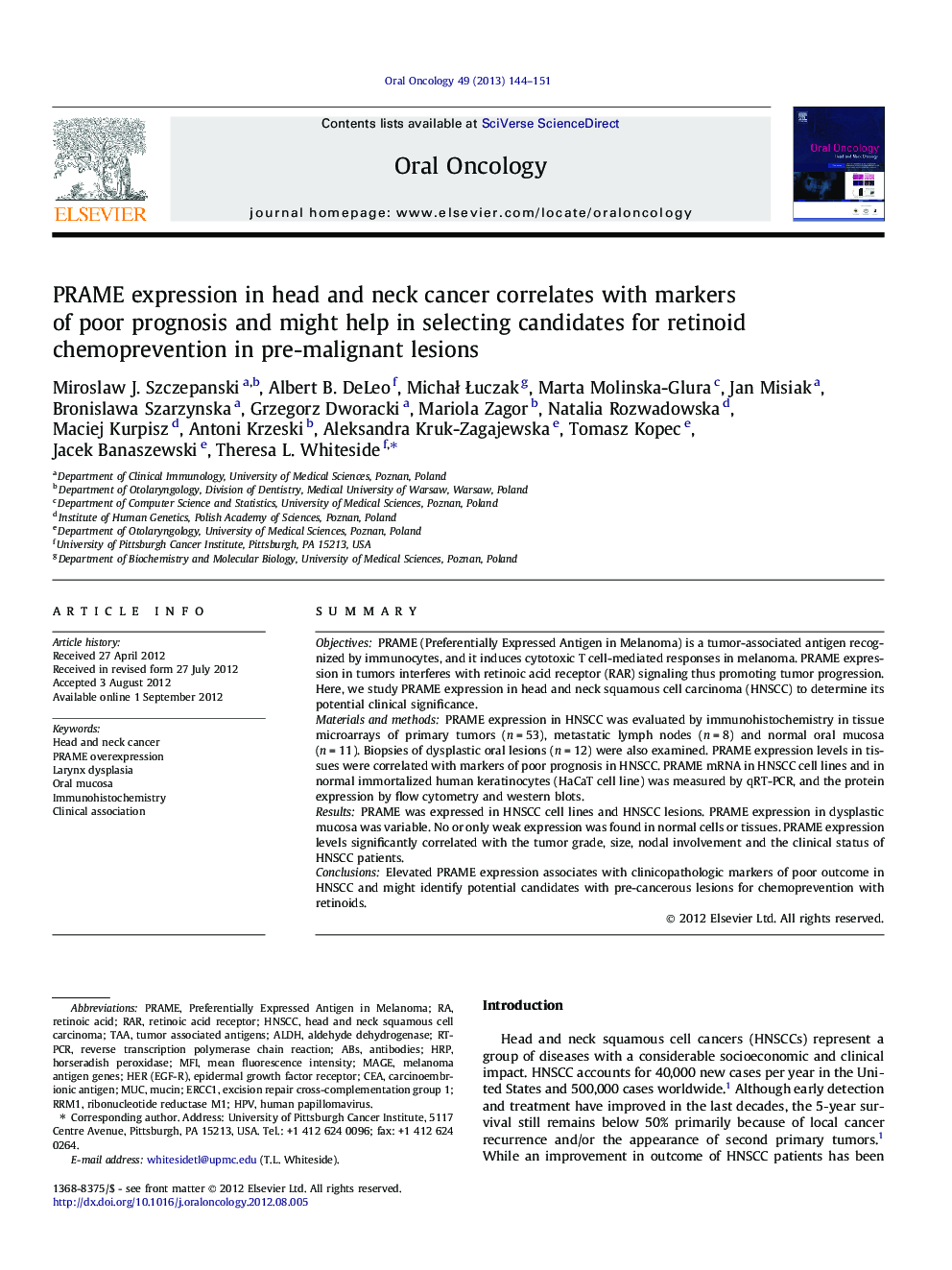 PRAME expression in head and neck cancer correlates with markers of poor prognosis and might help in selecting candidates for retinoid chemoprevention in pre-malignant lesions