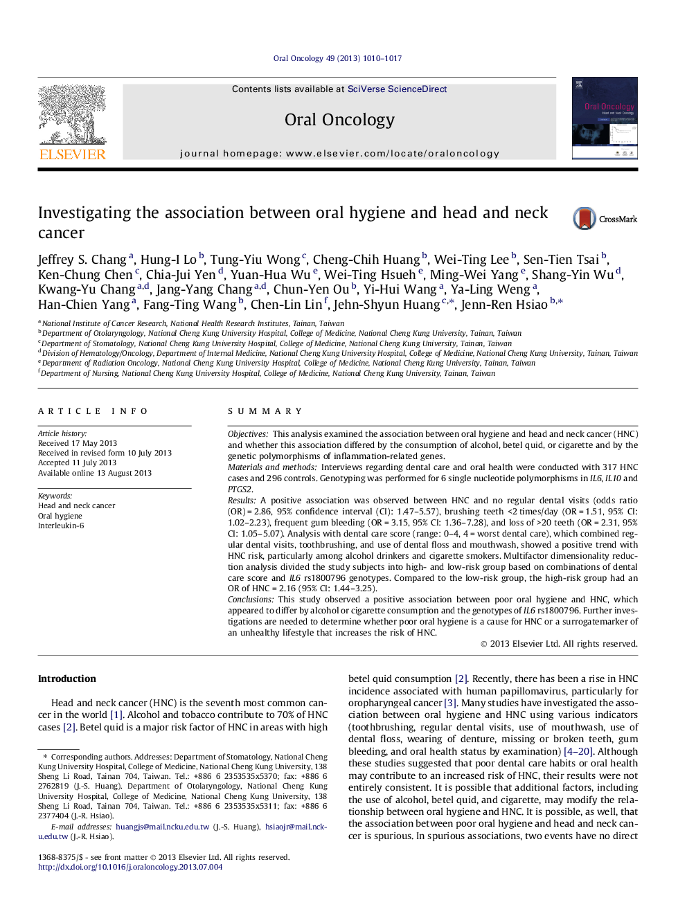 Investigating the association between oral hygiene and head and neck cancer