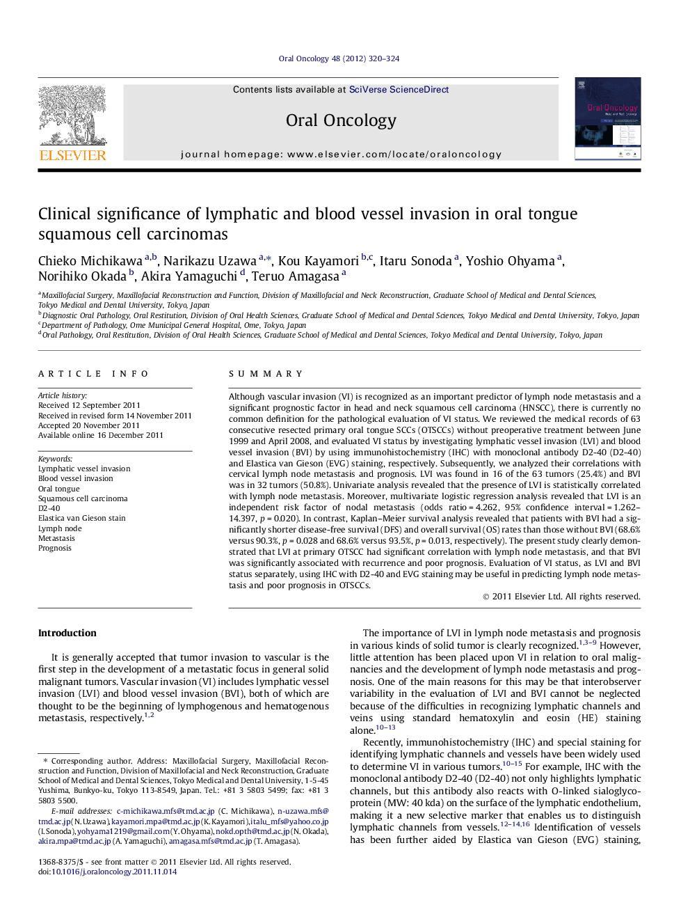 Clinical significance of lymphatic and blood vessel invasion in oral tongue squamous cell carcinomas