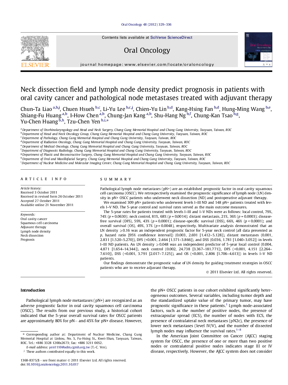 Neck dissection field and lymph node density predict prognosis in patients with oral cavity cancer and pathological node metastases treated with adjuvant therapy