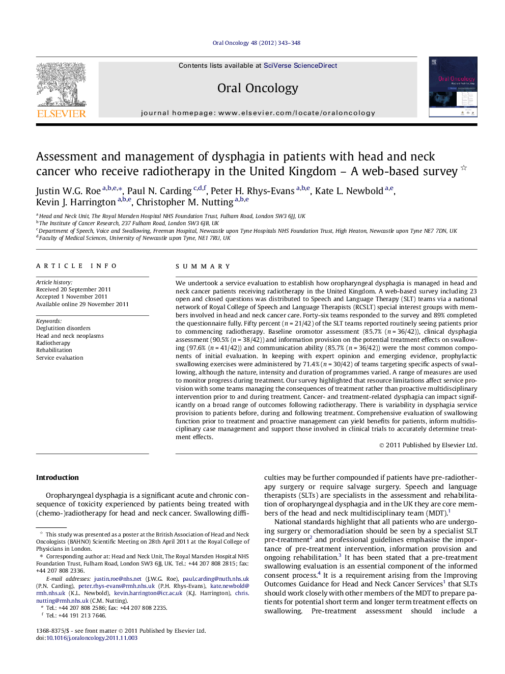 Assessment and management of dysphagia in patients with head and neck cancer who receive radiotherapy in the United Kingdom – A web-based survey 