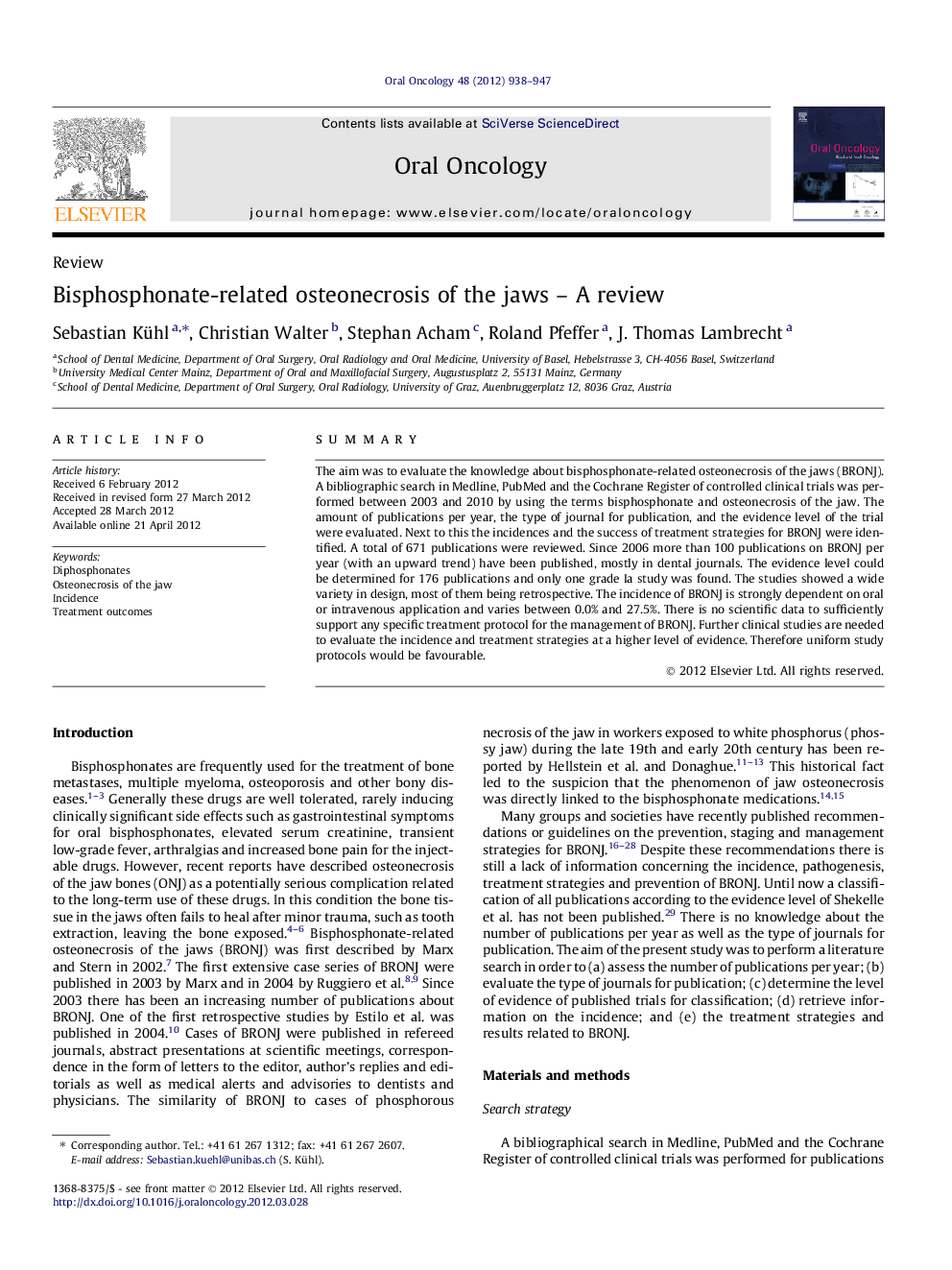 Bisphosphonate-related osteonecrosis of the jaws – A review