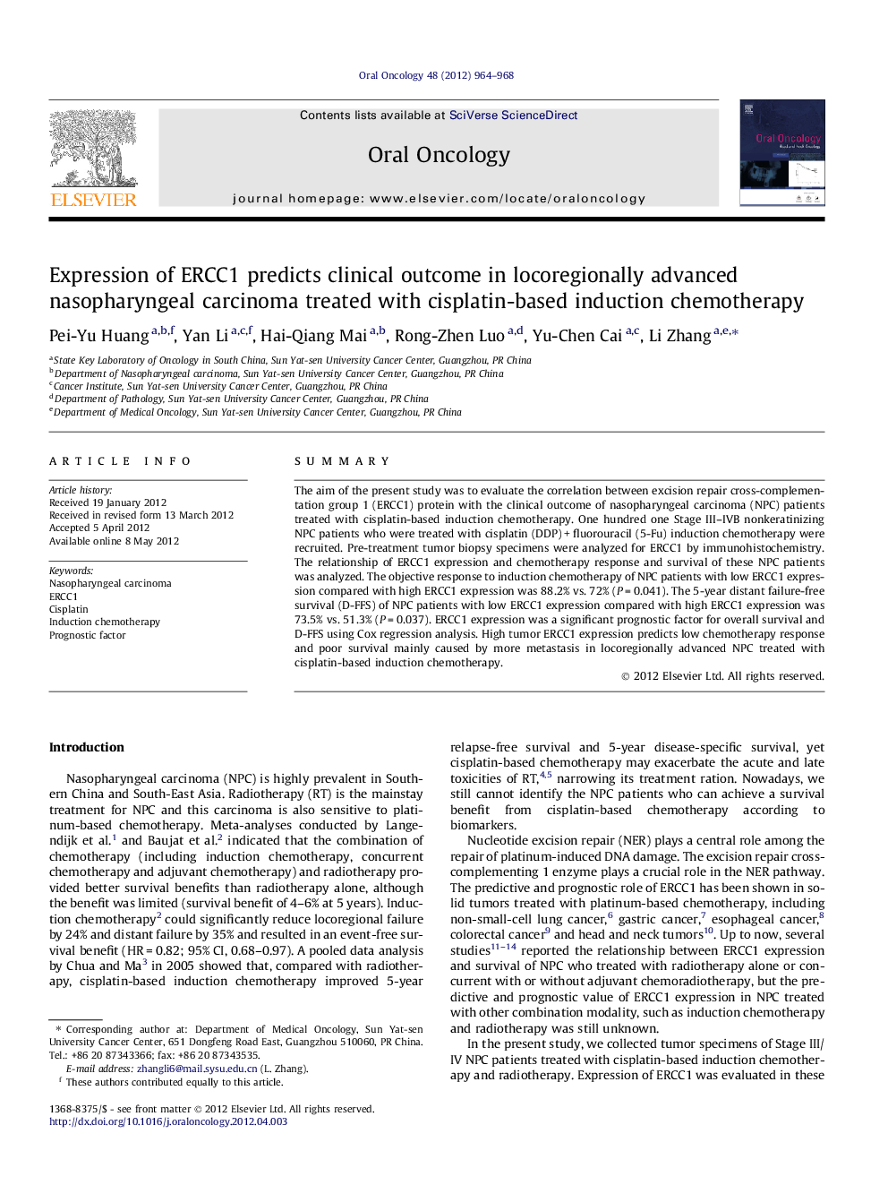 Expression of ERCC1 predicts clinical outcome in locoregionally advanced nasopharyngeal carcinoma treated with cisplatin-based induction chemotherapy