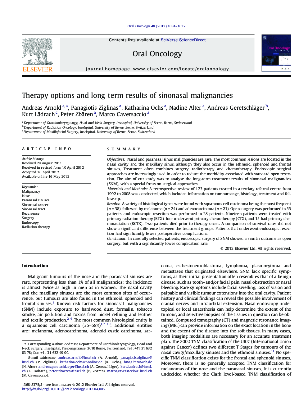 Therapy options and long-term results of sinonasal malignancies