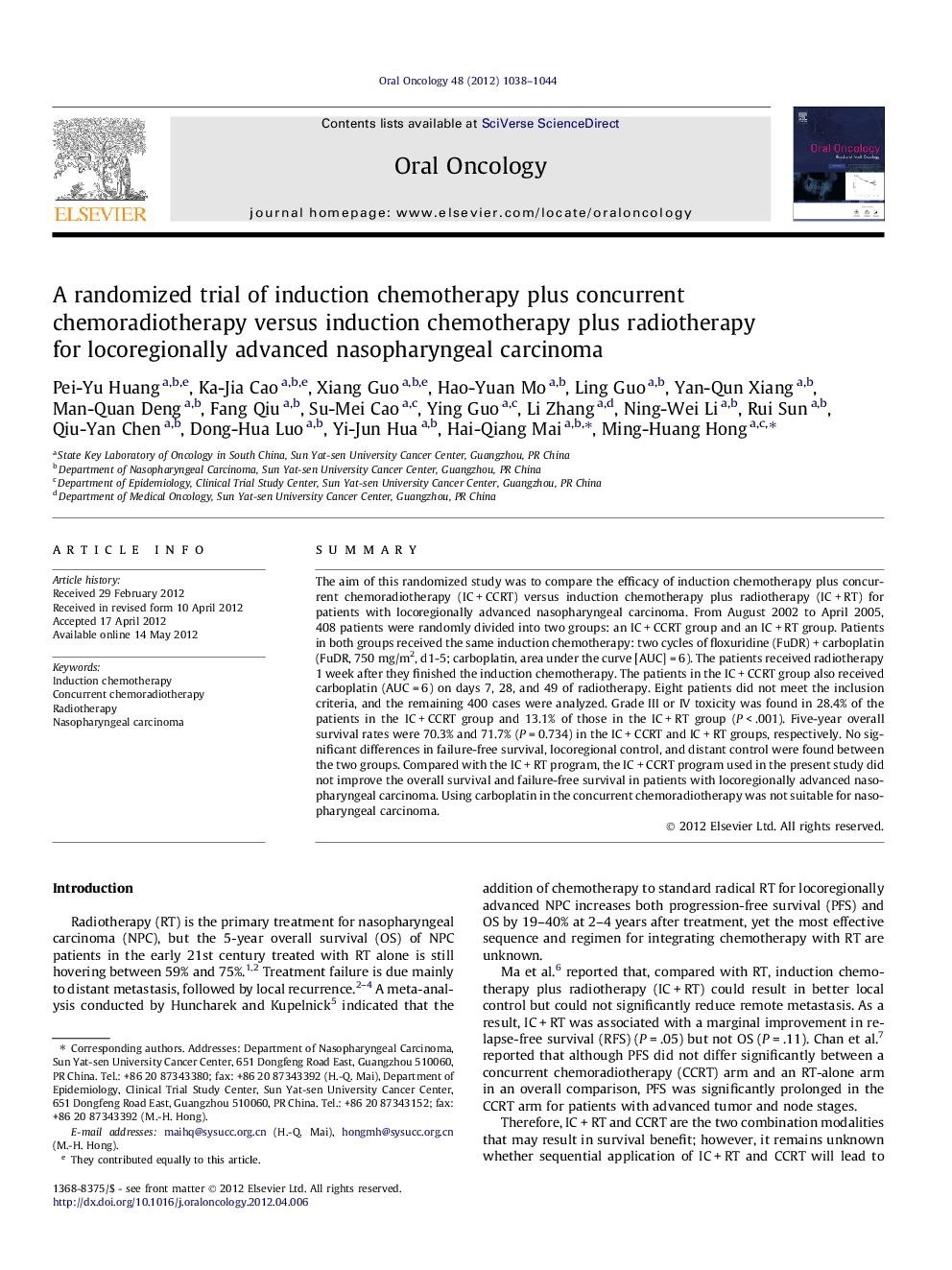 A randomized trial of induction chemotherapy plus concurrent chemoradiotherapy versus induction chemotherapy plus radiotherapy for locoregionally advanced nasopharyngeal carcinoma