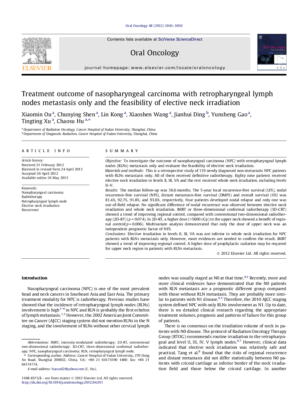 Treatment outcome of nasopharyngeal carcinoma with retropharyngeal lymph nodes metastasis only and the feasibility of elective neck irradiation