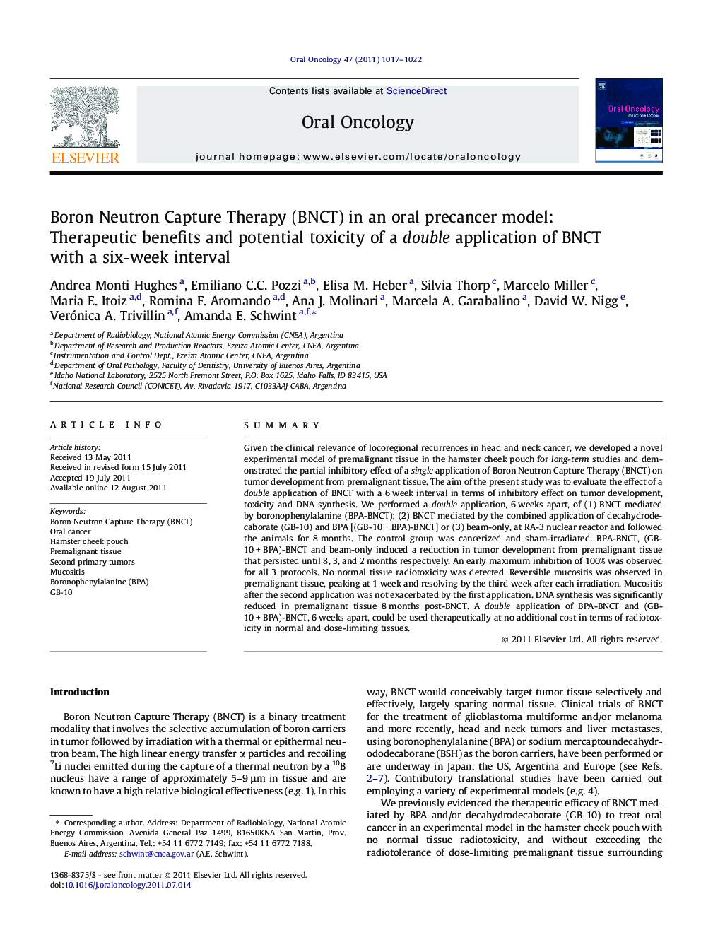 Boron Neutron Capture Therapy (BNCT) in an oral precancer model: Therapeutic benefits and potential toxicity of a double application of BNCT with a six-week interval