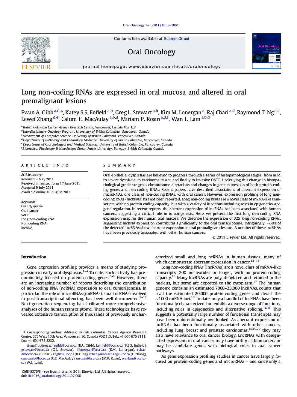 Long non-coding RNAs are expressed in oral mucosa and altered in oral premalignant lesions