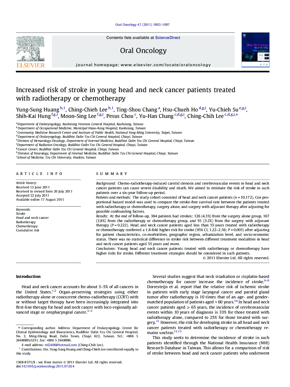 Increased risk of stroke in young head and neck cancer patients treated with radiotherapy or chemotherapy