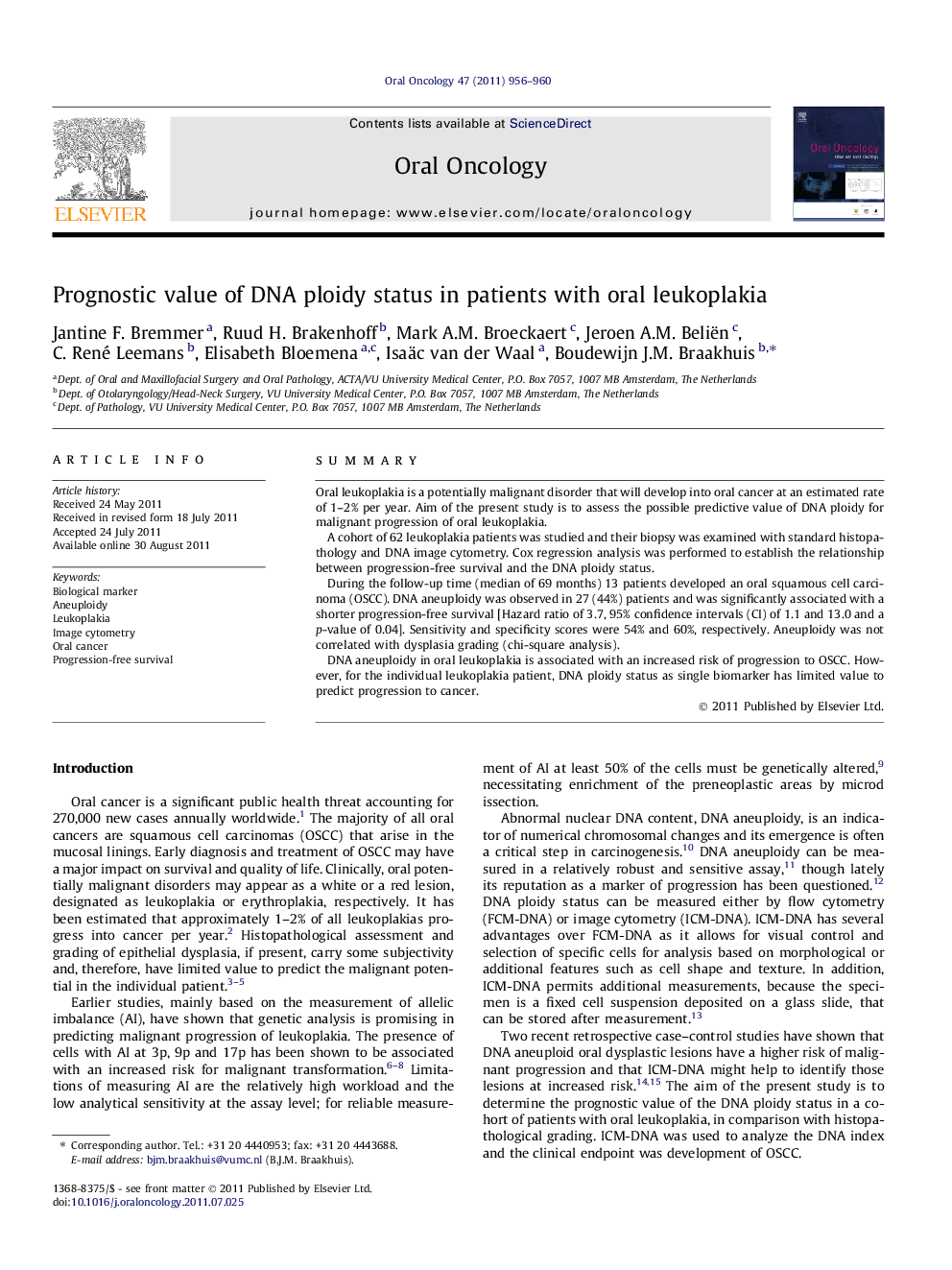 Prognostic value of DNA ploidy status in patients with oral leukoplakia