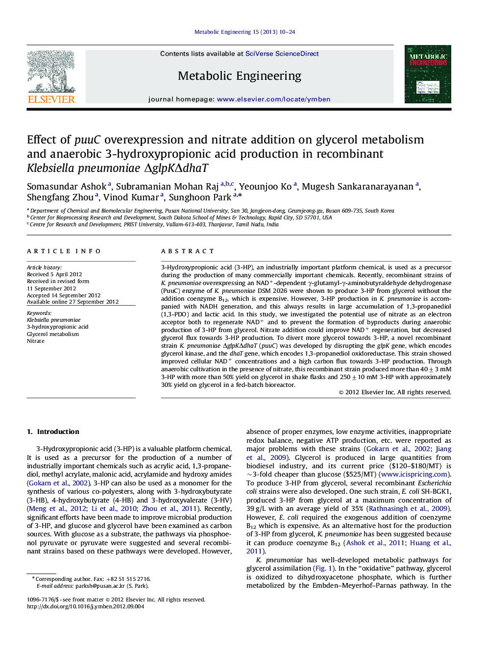 Effect of puuC overexpression and nitrate addition on glycerol metabolism and anaerobic 3-hydroxypropionic acid production in recombinant Klebsiella pneumoniae ΔglpKΔdhaT