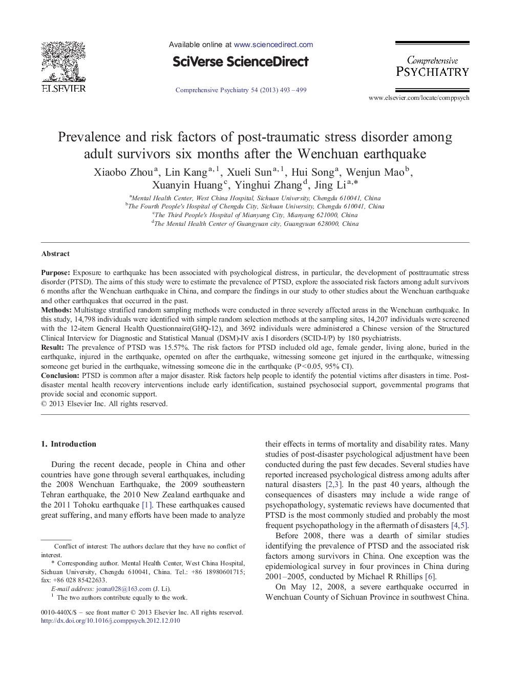 Prevalence and risk factors of post-traumatic stress disorder among adult survivors six months after the Wenchuan earthquake 