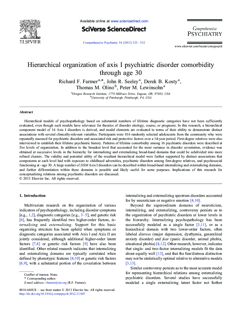 عکس صفحه اول مقاله: Hierarchical organization of axis I psychiatric disorder comorbidity through age 30 Hierarchical organization of axis I psychiatric disorder comorbidity through age 30
