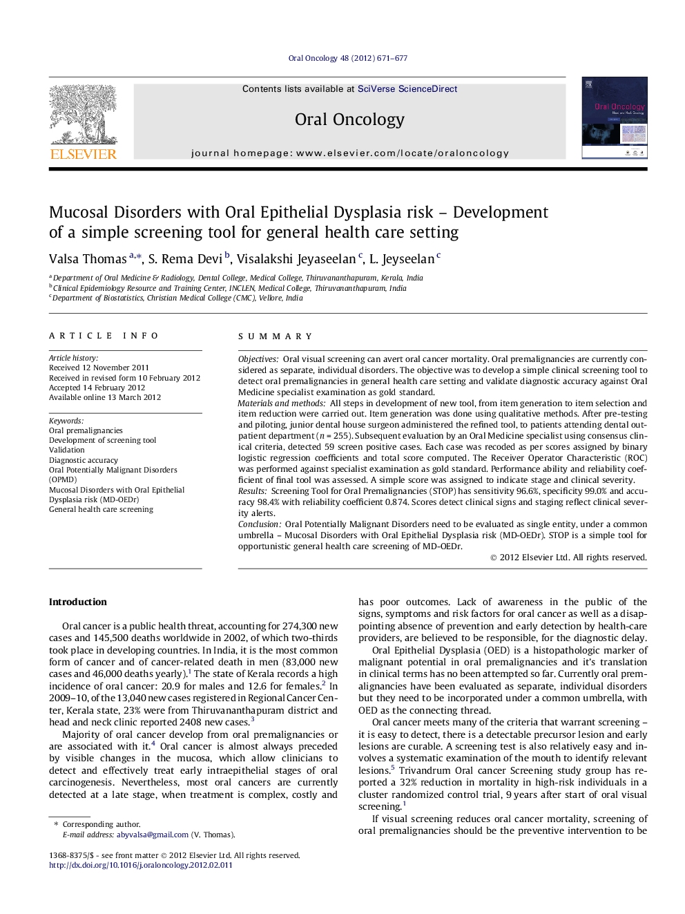 Mucosal Disorders with Oral Epithelial Dysplasia risk – Development of a simple screening tool for general health care setting