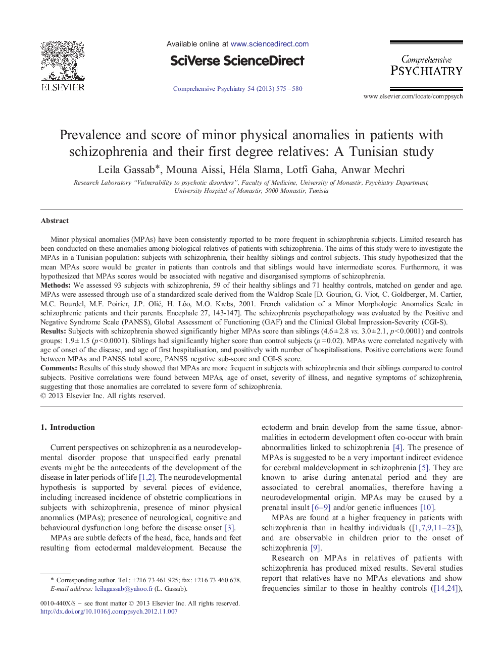 عکس صفحه اول مقاله: Prevalence and score of minor physical anomalies in patients with schizophrenia and their first degree relatives: A Tunisian study Prevalence and score of minor physical anomalies in patients with schizophrenia and their first degree relatives: A Tunisian study