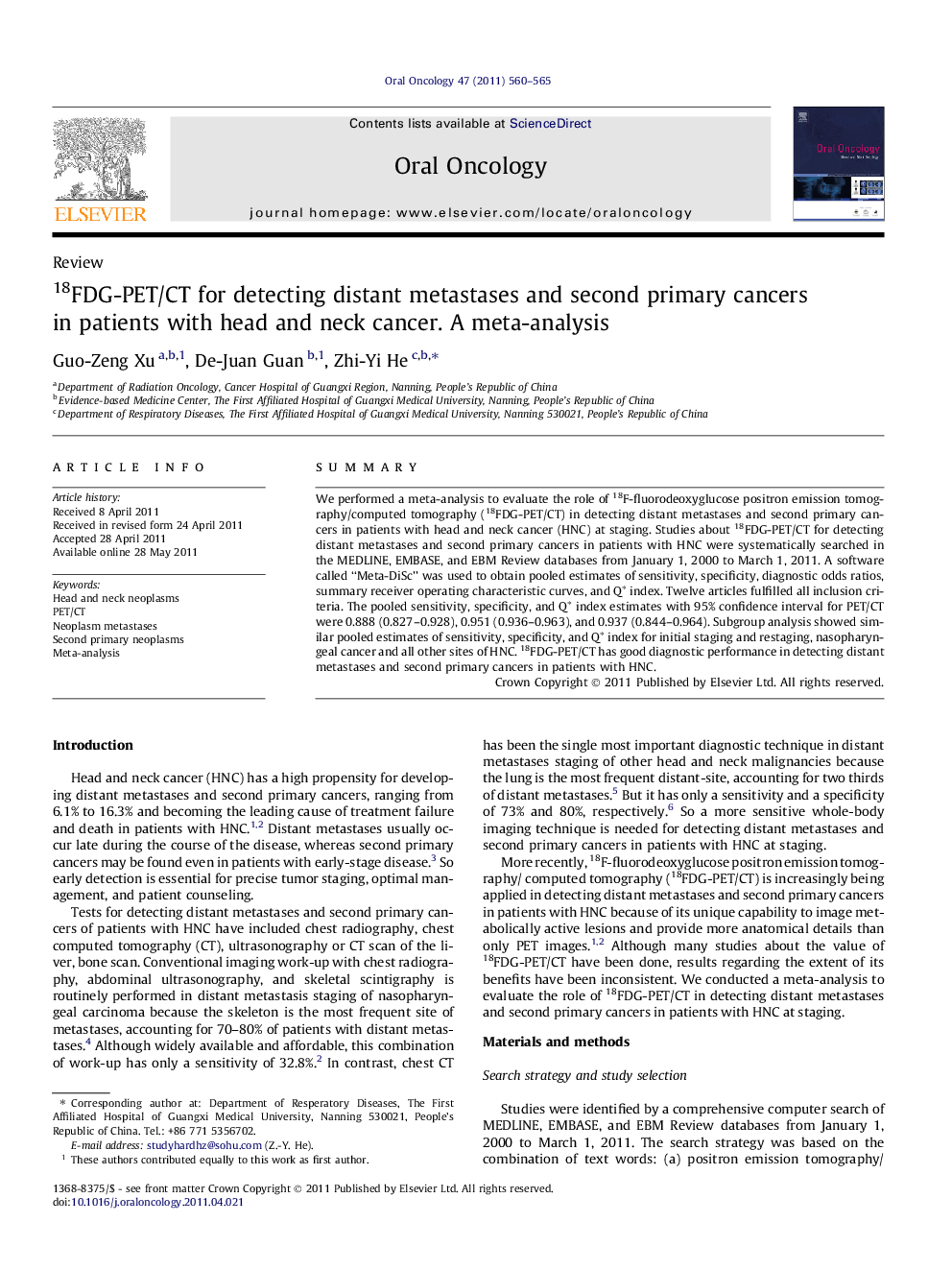 18FDG-PET/CT for detecting distant metastases and second primary cancers in patients with head and neck cancer. A meta-analysis